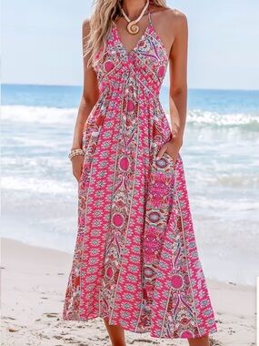Cupshe Pink Paisley Halter Tie-Back Maxi Dress